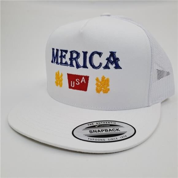 Merica Trucker Hat USA Flag Flat Bill Snapback Cap Patriotic 4th of July White - Picture 1 of 4